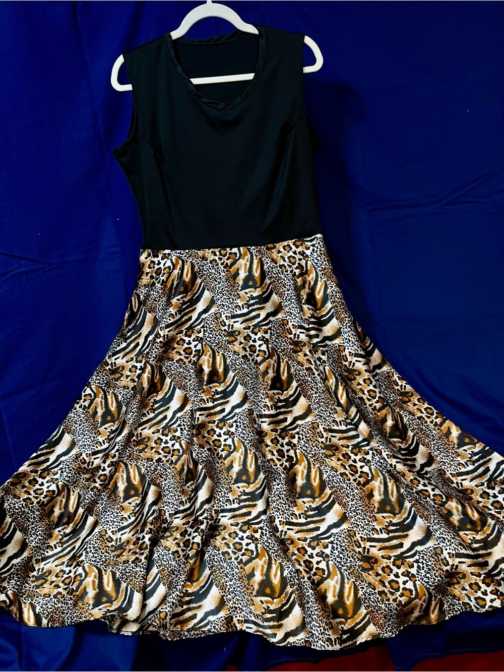 Animal Print Satin Look Maxi Dress L 12-14 Black Leopard Tiger Full Skirt A-Line